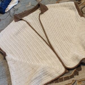 Neutral Cream & Brown Crochet Open Front Cardigan